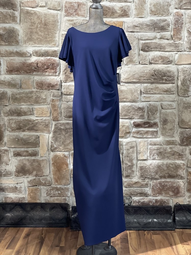 Betsy & Adam Navy Flutter Sleeve Side Ruched Gown, Size 18W