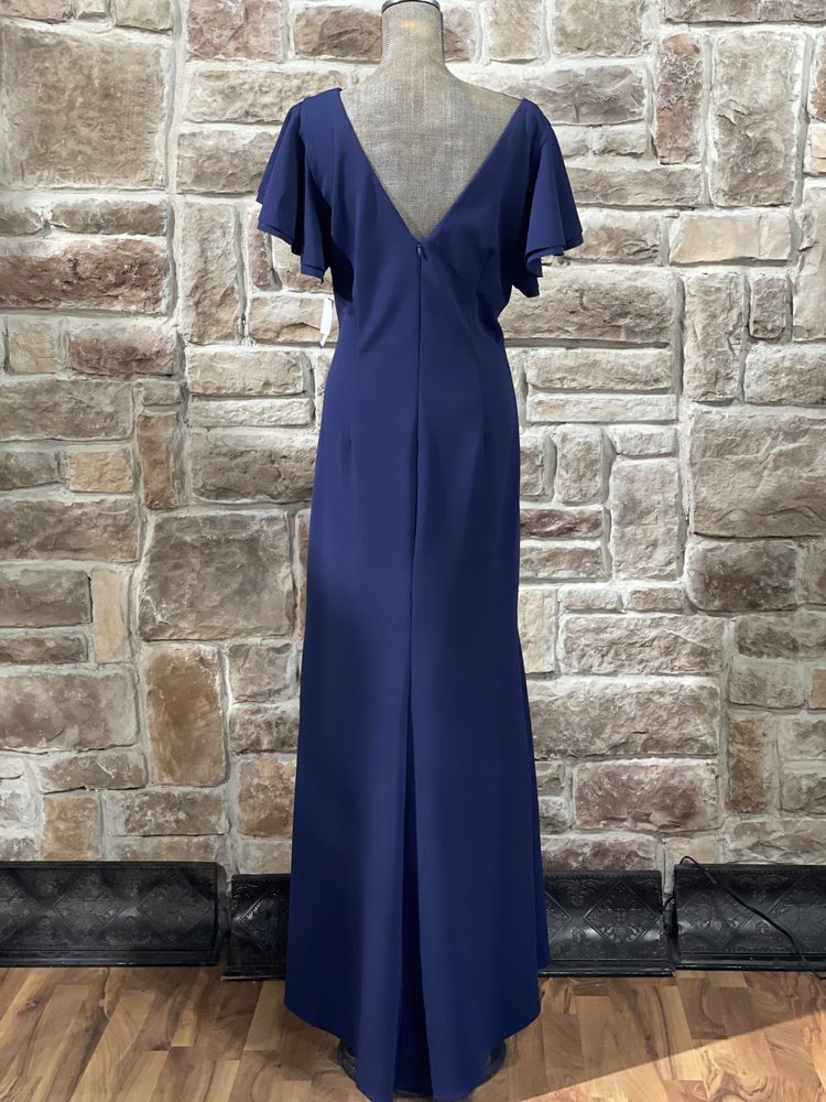 Betsy & Adam Navy Flutter Sleeve Side Ruched Gown, Size 18W