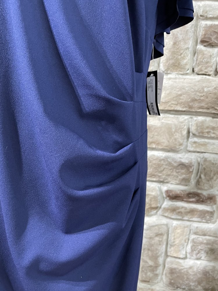 Betsy & Adam Navy Flutter Sleeve Side Ruched Gown, Size 18W