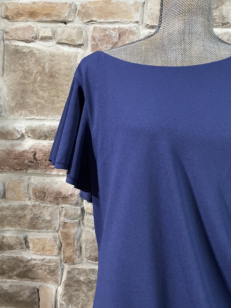 Betsy & Adam Navy Flutter Sleeve Side Ruched Gown, Size 18W