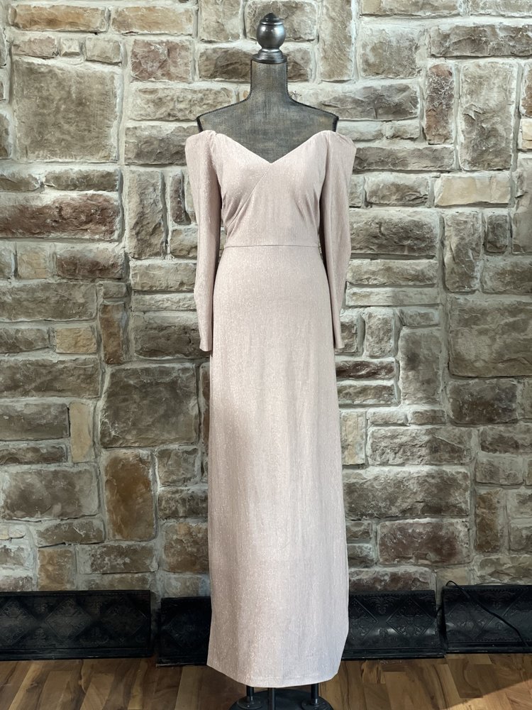 Calvin Klein Pink Shimmer Line Off the Shoulder Gown, Size 14