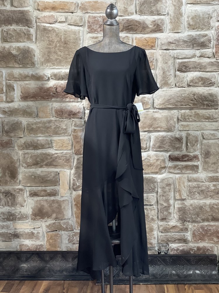 Gabby Skye Black Sheer Flutter Sleeve Dress Dress, Size 14