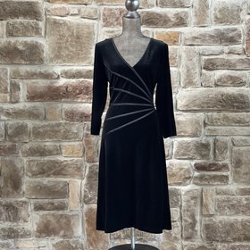 Connected Apparel Black Ruched Velvet Dress, Size 16
