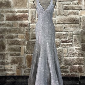 Sequin Hearts Silver V Neck Glitter Gown