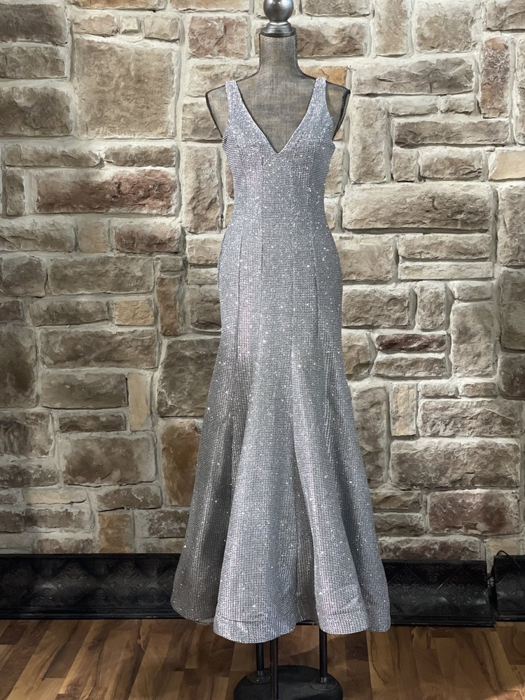 Sequin Hearts Silver V Neck Glitter Gown
