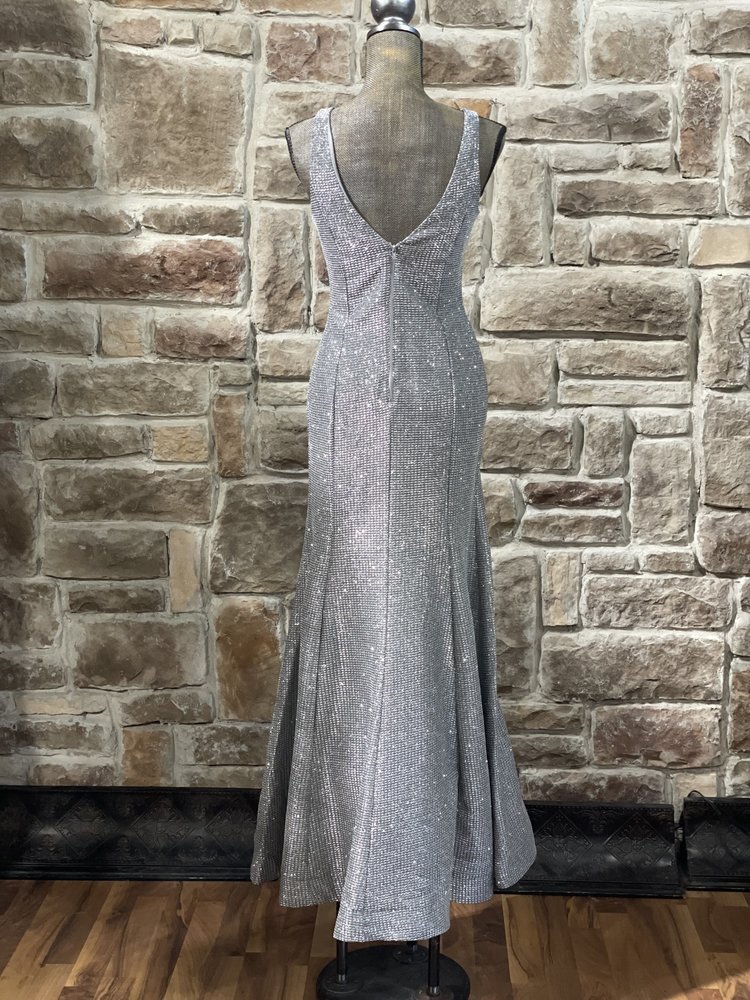 Sequin Hearts Silver V Neck Glitter Gown