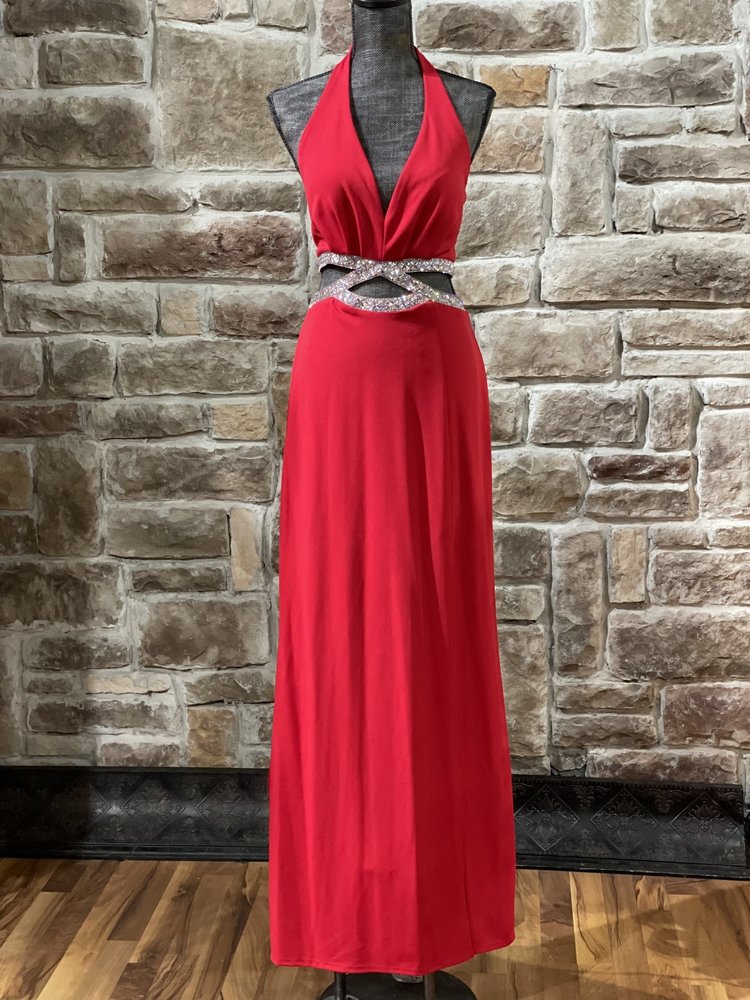 Speechless Red Halter Rhinestone Cut Out Gown