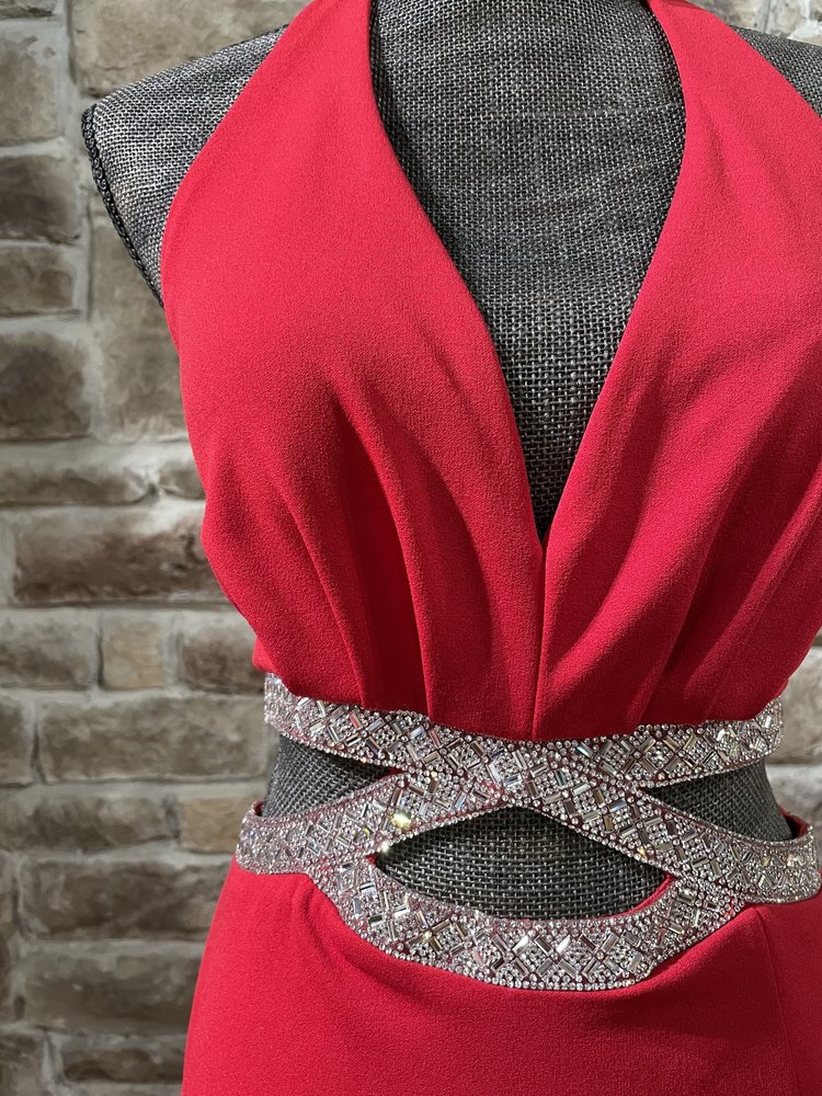 Speechless Red Halter Rhinestone Cut Out Gown