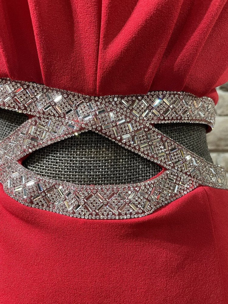 Speechless Red Halter Rhinestone Cut Out Gown