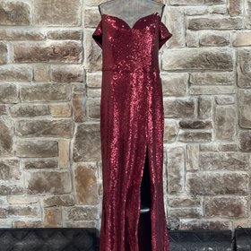 B Darlin Red Sequin Sweetheart Off the Shoulder Gown