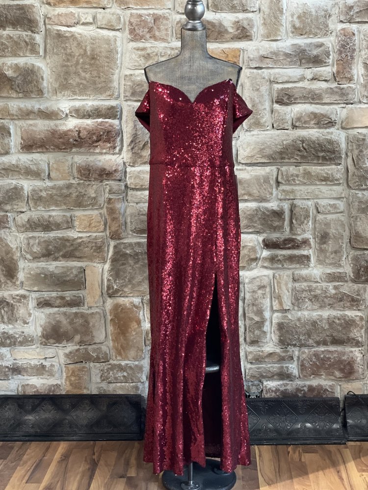 B Darlin Red Sequin Sweetheart Off the Shoulder Gown