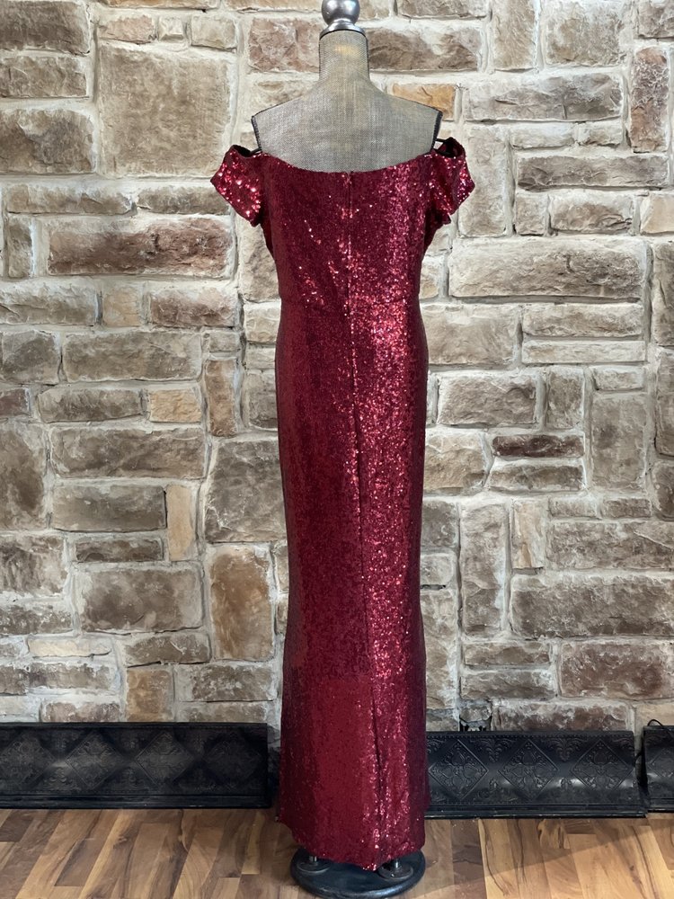 B Darlin Red Sequin Sweetheart Off the Shoulder Gown