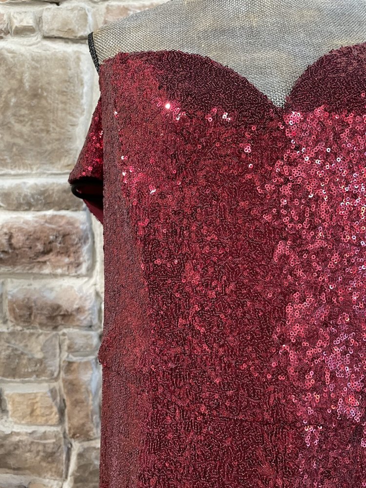 B Darlin Red Sequin Sweetheart Off the Shoulder Gown