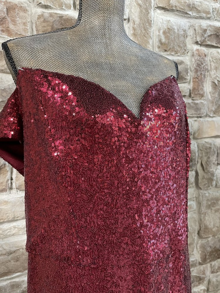 B Darlin Red Sequin Sweetheart Off the Shoulder Gown