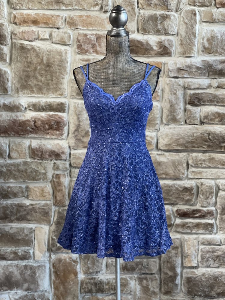 Teeze Me Blue Glitter Lace Double Strap Dress