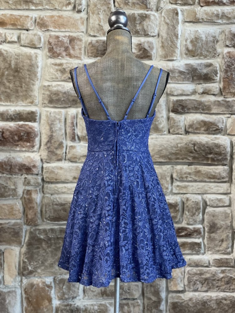 Teeze Me Blue Glitter Lace Double Strap Dress