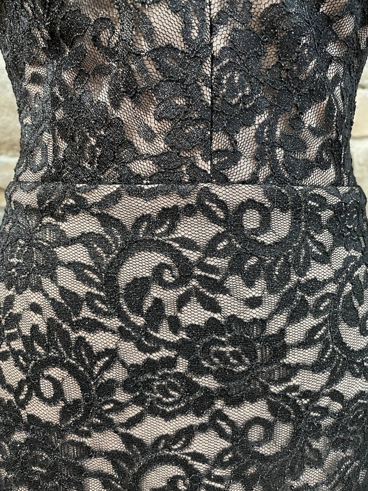 Morgan & Co. Black Glitter Lace Open Back Dress, Size 15/16
