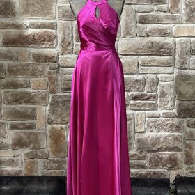 Morgan & Co. Pink Satin Halter Tie Neck Gown w/Pockets