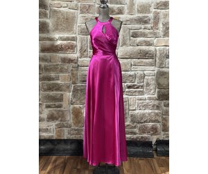 Pink Satin Halter Tie Neck Gown w/Pockets - Elements Unleashed