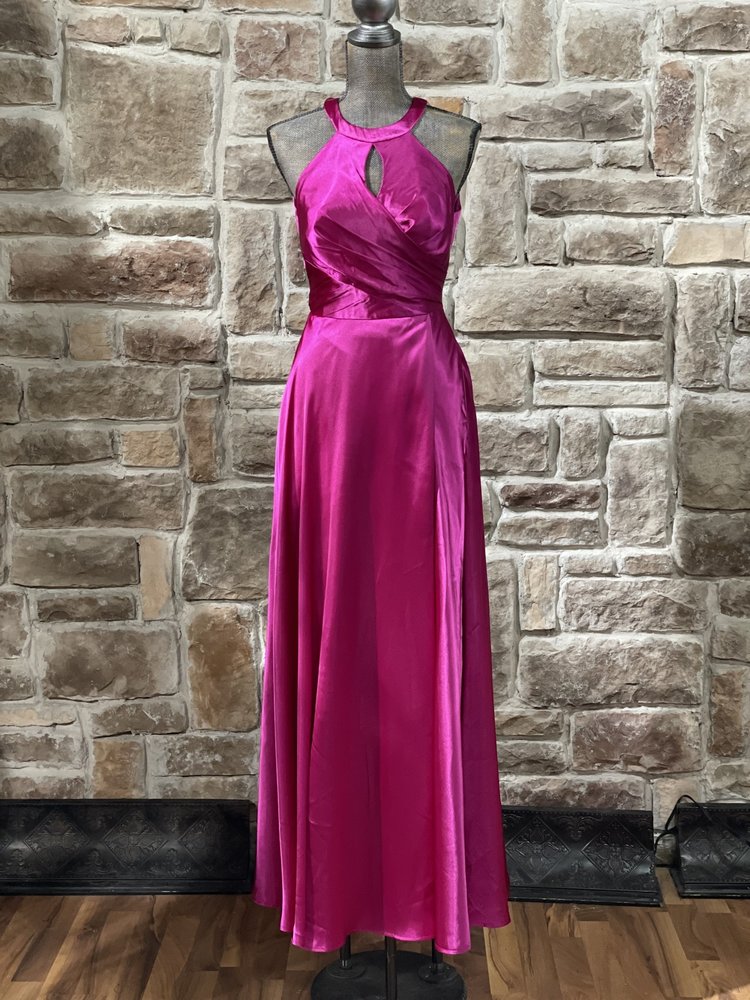 Morgan & Co. Pink Satin Halter Tie Neck Gown w/Pockets