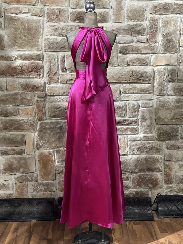 Morgan & Co. Pink Satin Halter Tie Neck Gown w/Pockets
