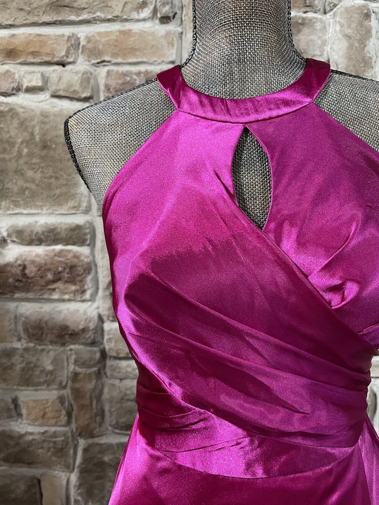 Morgan & Co. Pink Satin Halter Tie Neck Gown w/Pockets