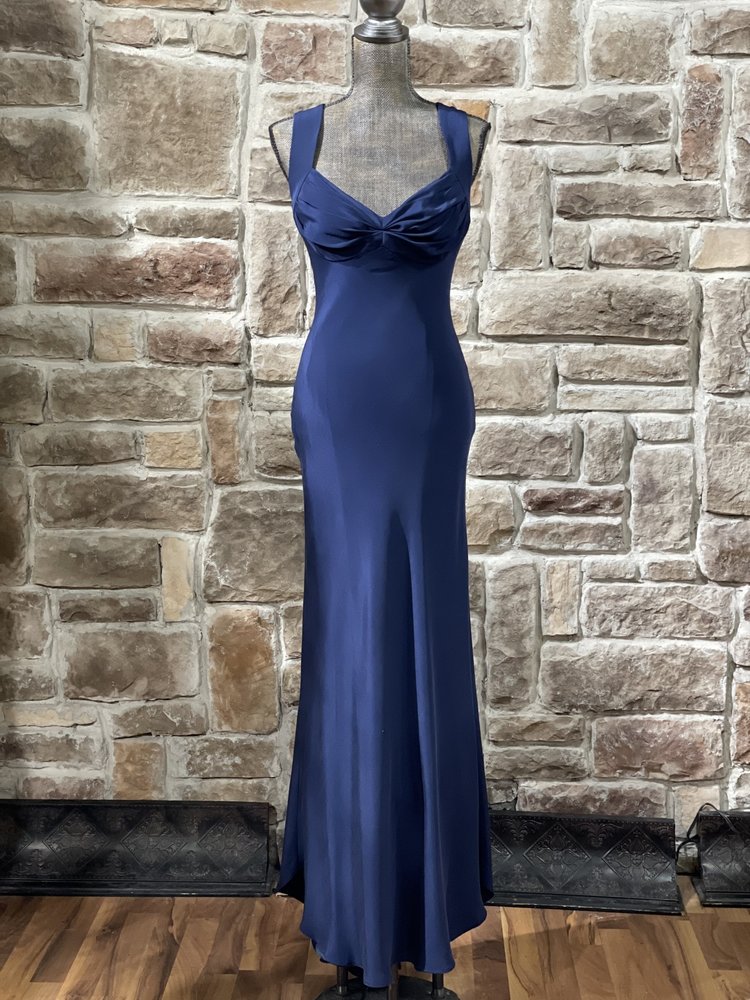 Onyx Navy Satin Ruched Bust Gown, Size 10