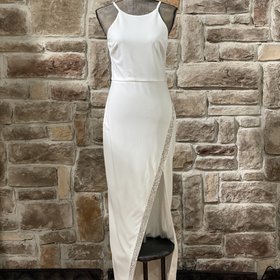 BCX White Halter Rhinestone Slit Gown