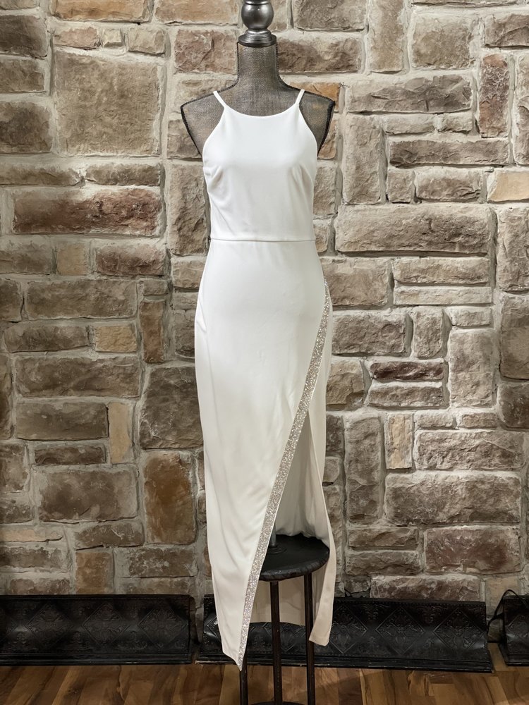 BCX White Halter Rhinestone Slit Gown