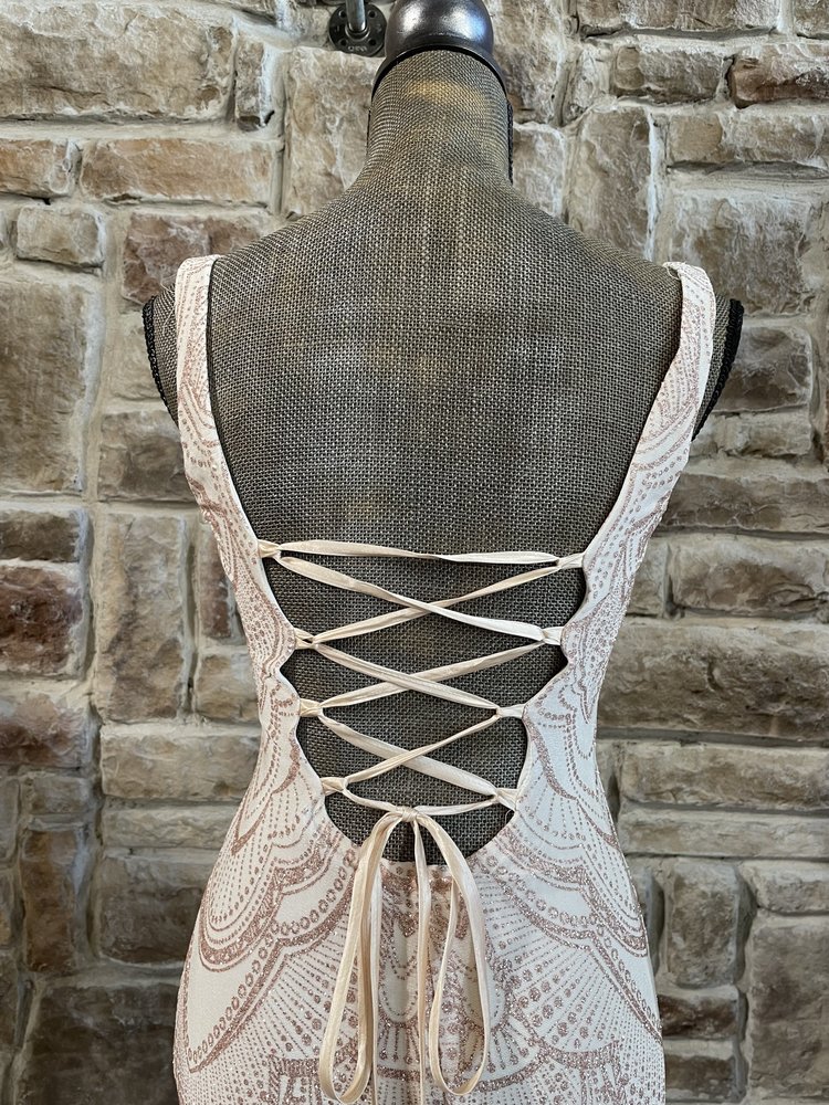 Jump Apparel White Gold Glitter Corset Back Gown