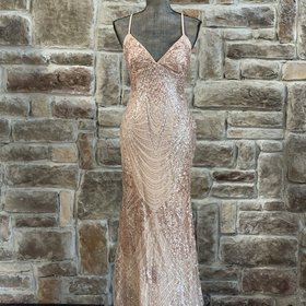 Jump Apparel Champagne Sequin Mesh Overlay Strappy Back Gown