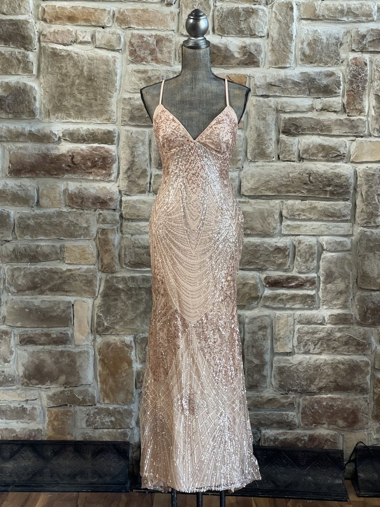 Jump Apparel Champagne Sequin Mesh Overlay Strappy Back Gown