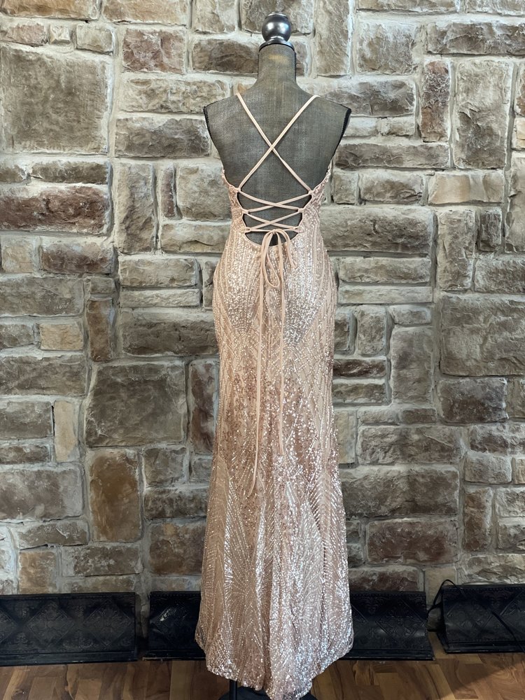 Jump Apparel Champagne Sequin Mesh Overlay Strappy Back Gown