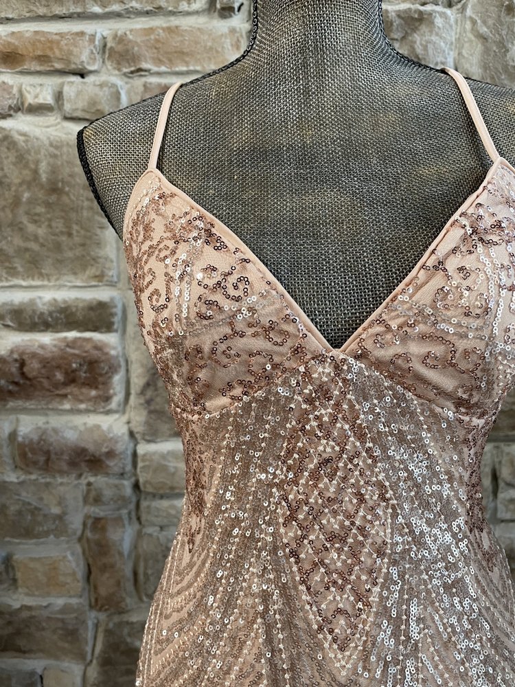 Jump Apparel Champagne Sequin Mesh Overlay Strappy Back Gown