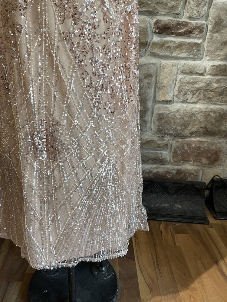 Jump Apparel Champagne Sequin Mesh Overlay Strappy Back Gown