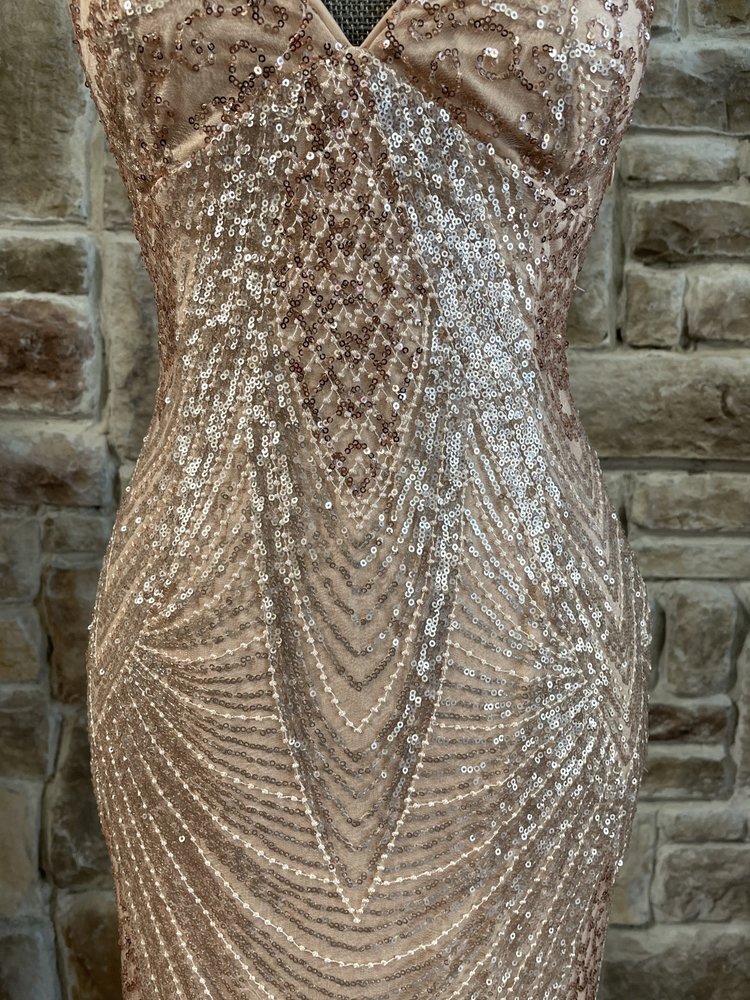 Jump Apparel Champagne Sequin Mesh Overlay Strappy Back Gown