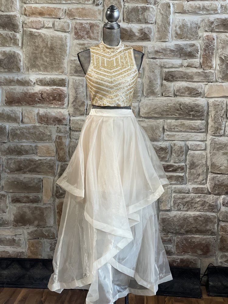 Teeze Me Gold Two-Piece Sequin Halter Gown