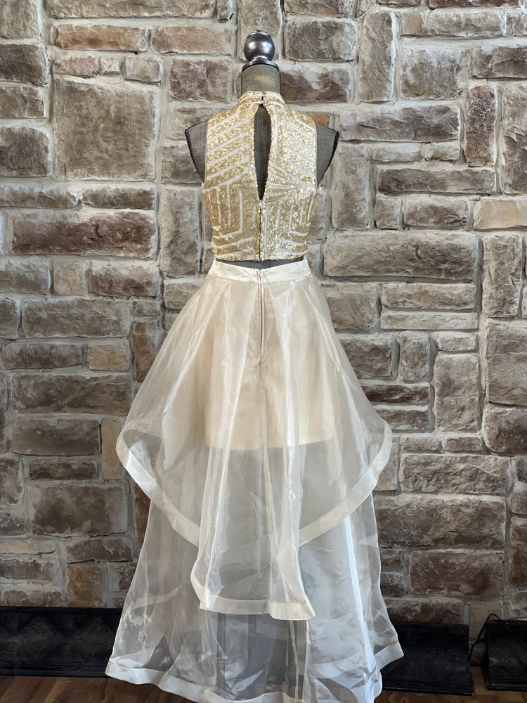 Teeze Me Gold Two-Piece Sequin Halter Gown