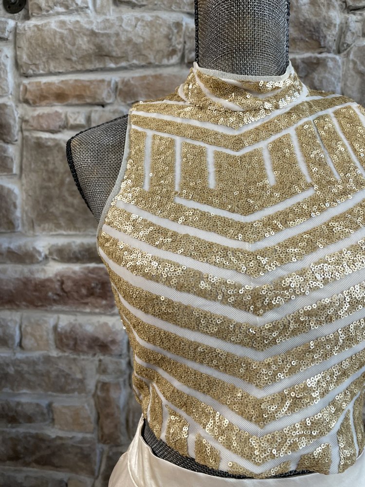 Teeze Me Gold Two-Piece Sequin Halter Gown