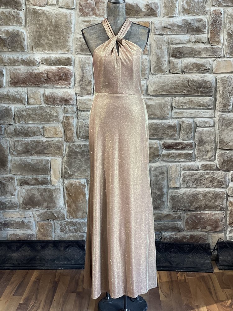 City Studio Gold Shimmer Twist Halter Gown