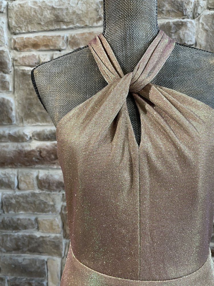 City Studio Gold Shimmer Twist Halter Gown