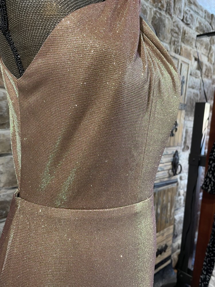 City Studio Gold Shimmer Twist Halter Gown