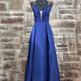 Speechless Navy Mesh Insert Rhinestone Strap Gown w/ Pockets