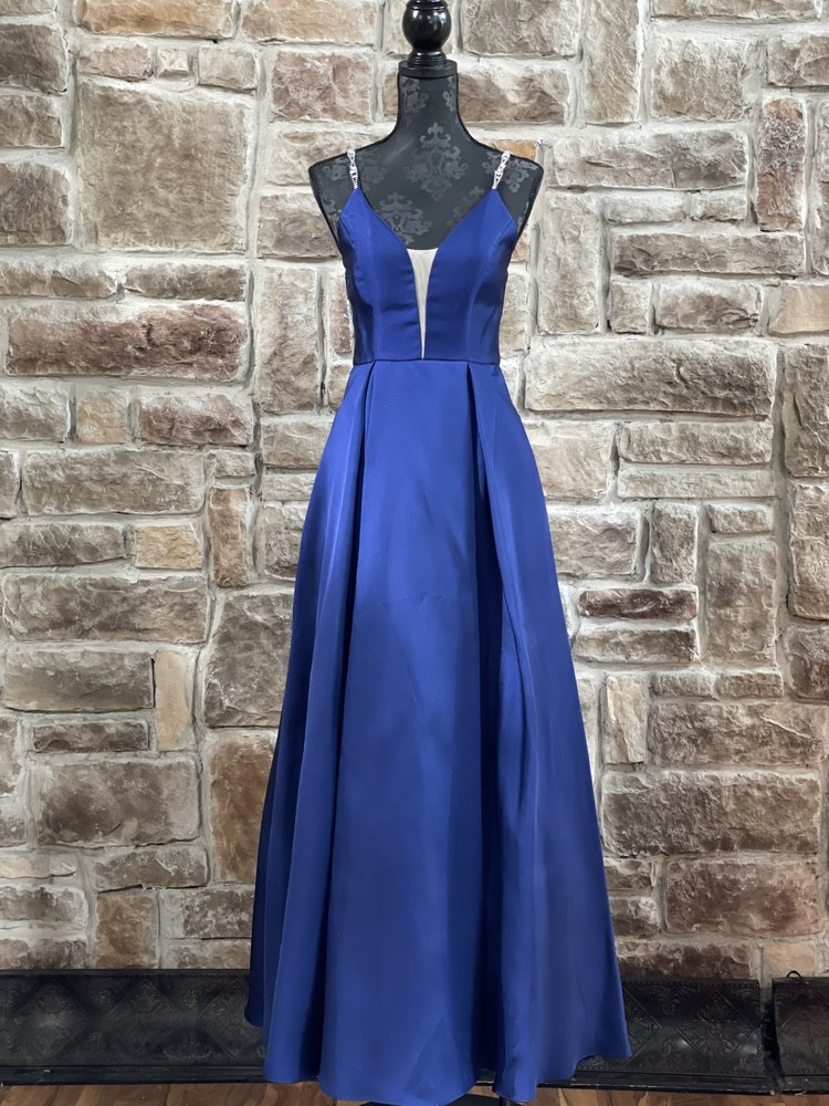 Speechless Navy Mesh Insert Rhinestone Strap Gown w/ Pockets