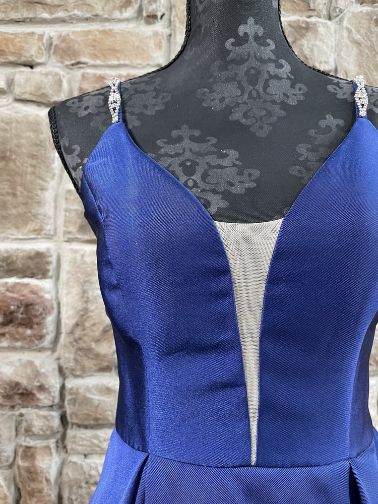 Speechless Navy Mesh Insert Rhinestone Strap Gown w/ Pockets