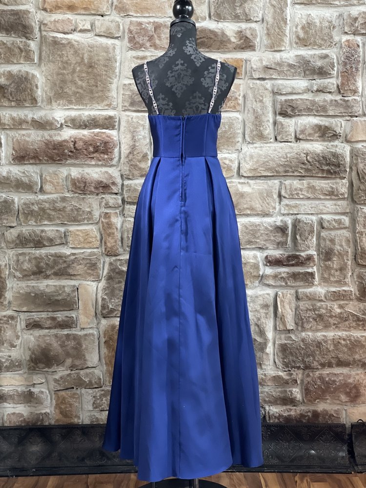 Speechless Navy Mesh Insert Rhinestone Strap Gown w/ Pockets