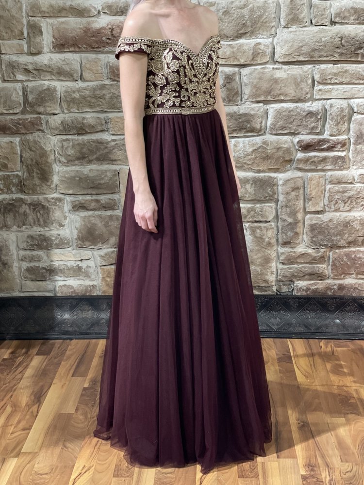 TLC Say Yes to the Prom Burgundy Embroidered Bodice Off the Shoulder Gown