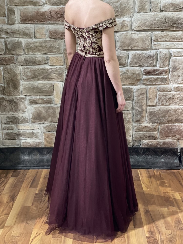 TLC Say Yes to the Prom Burgundy Embroidered Bodice Off the Shoulder Gown