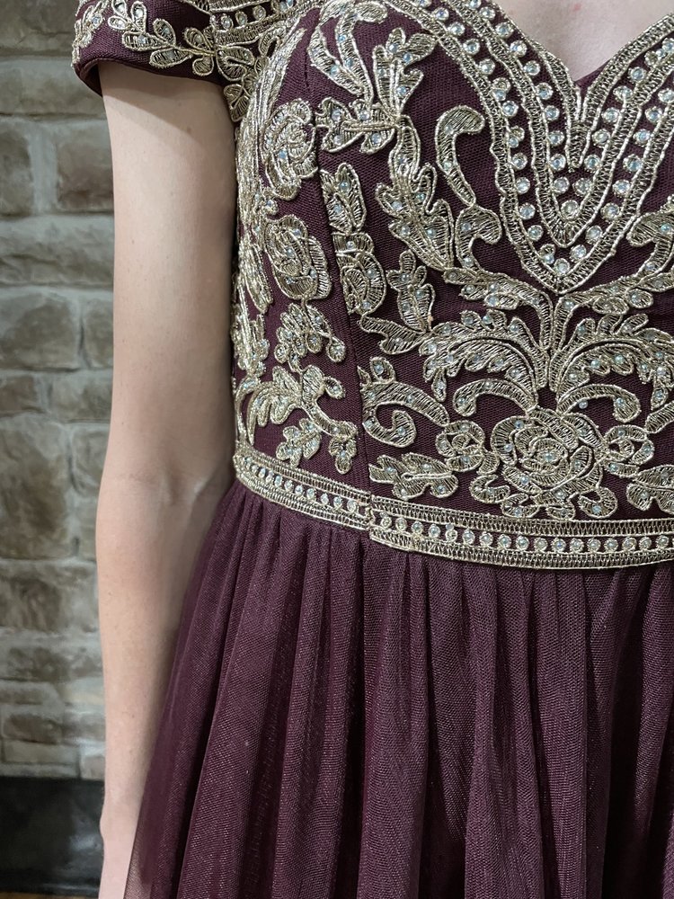 TLC Say Yes to the Prom Burgundy Embroidered Bodice Off the Shoulder Gown