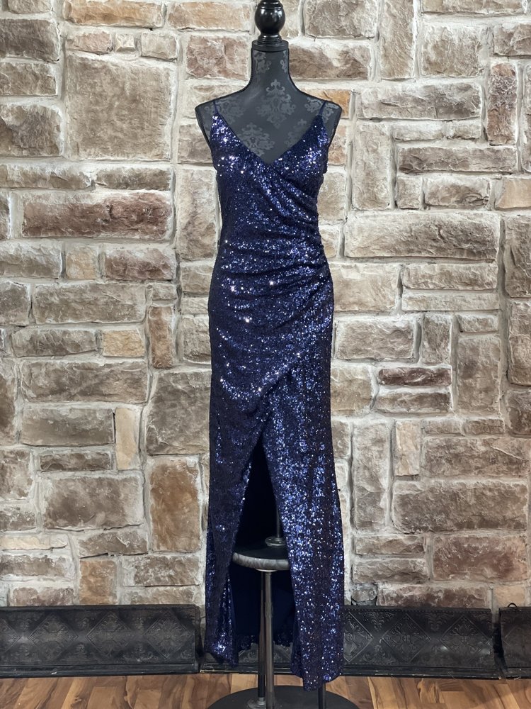 Trixxi Navy Faux  Wrap Sequin Gown
